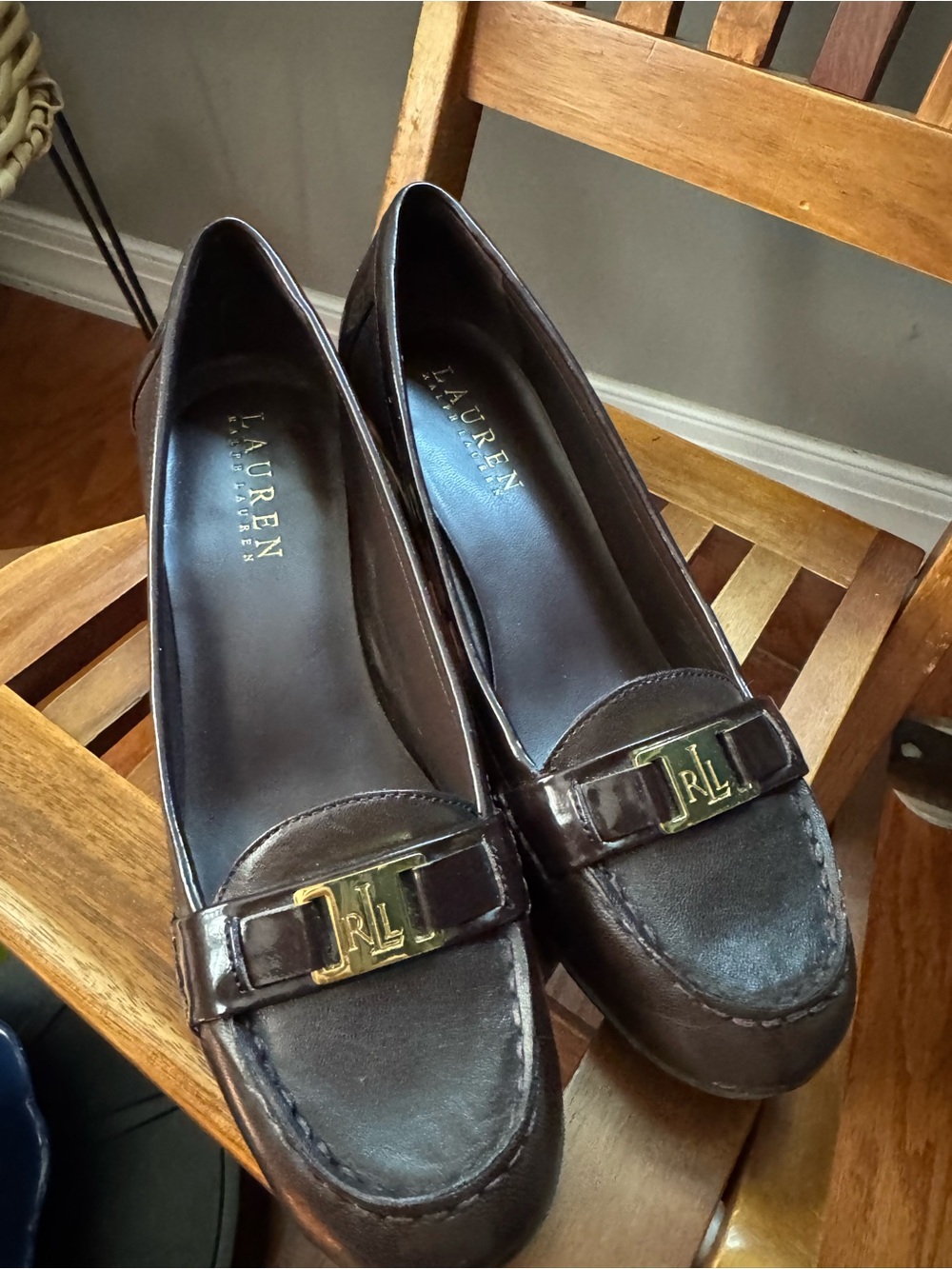 Lauren Ralph Lauren Dark Brown Leather Loafers with Gold RL Accent